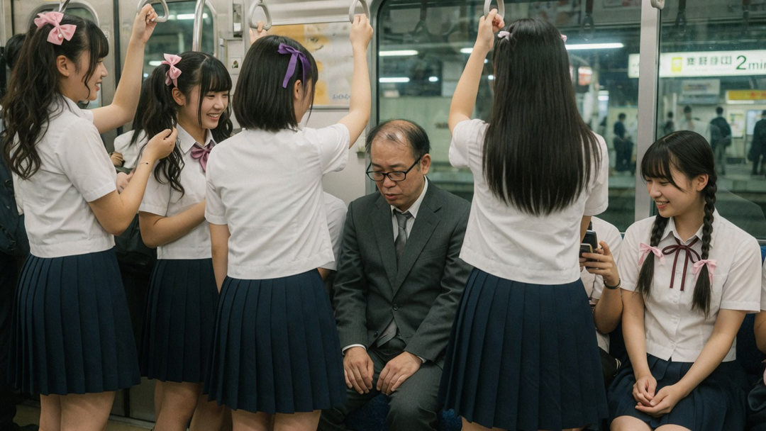 電車で制服娘たちに囲まれたハゲ親父