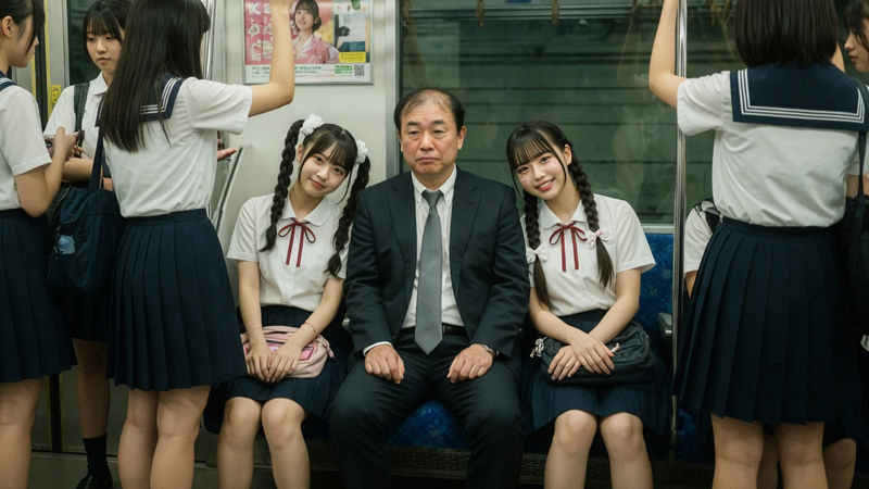 電車内で制服娘に囲まれるハゲ親父①