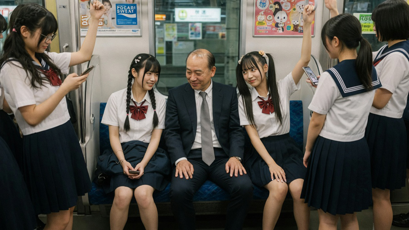 電車内で制服娘に囲まれるハゲ親父②