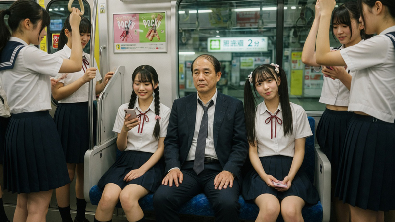 電車内で制服娘に囲まれるハゲ親父③