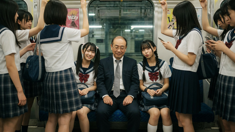 電車内で制服娘に囲まれるハゲ親父④