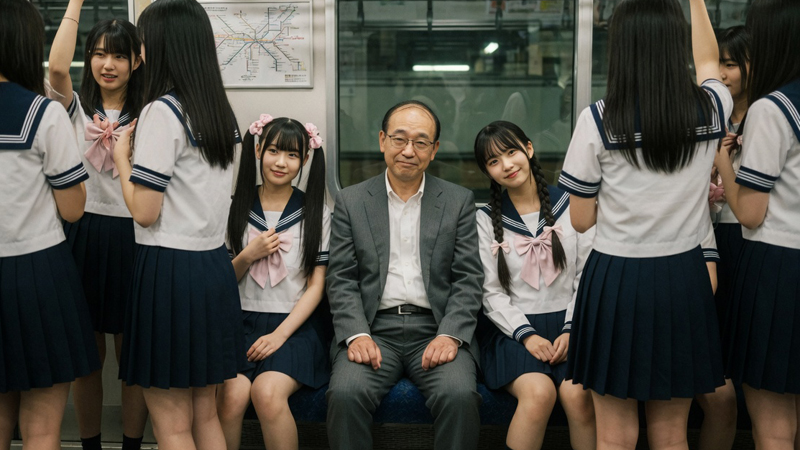 電車内で制服娘に囲まれるハゲ親父⑤