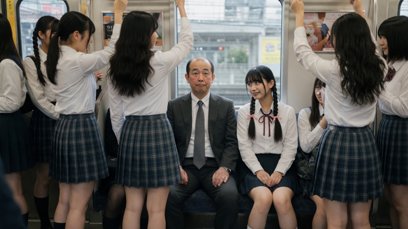 電車内で制服娘に囲まれるハゲ親父⑥