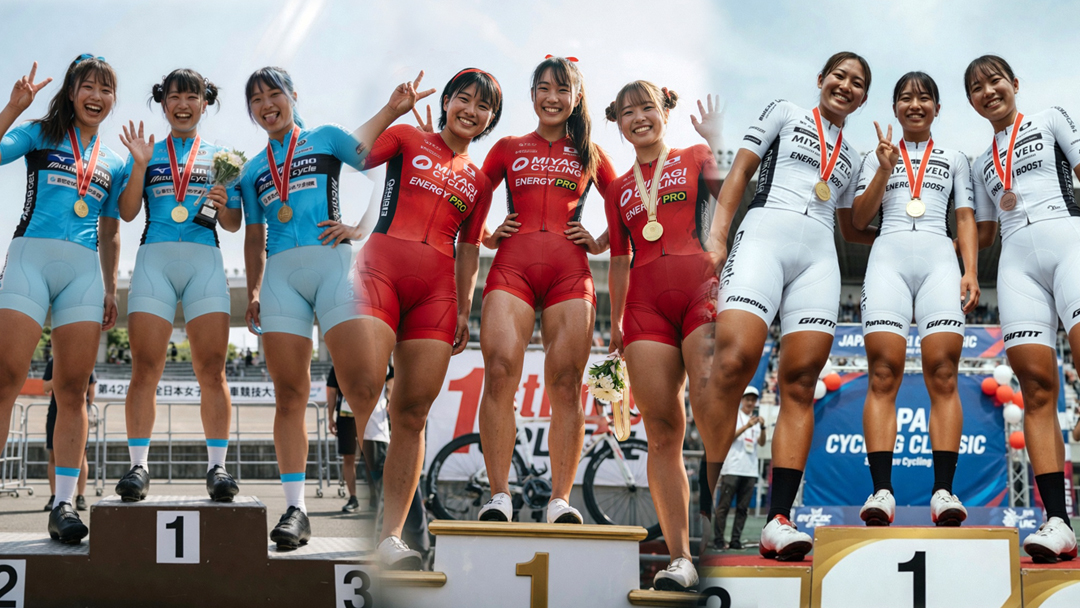 自転車娘が表彰台で笑顔！
