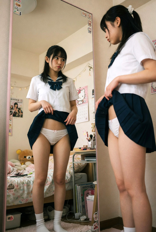 制服娘、鏡の前でパンティ確認④