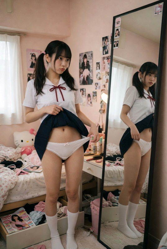 制服娘、鏡の前でパンティ確認⑤
