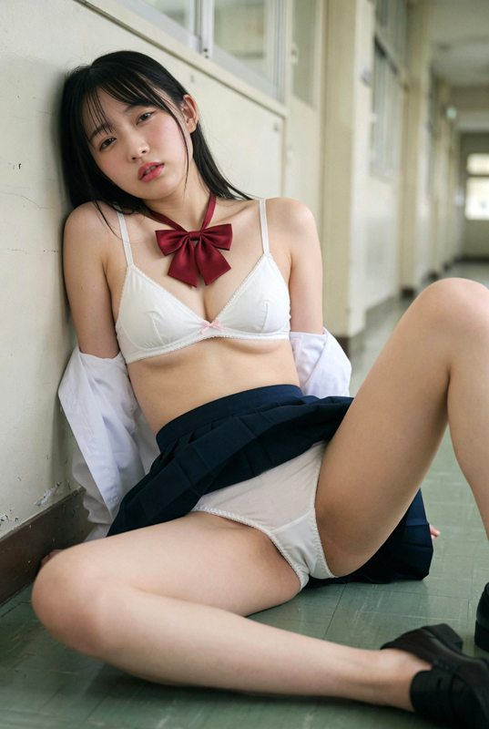 制服娘、廊下の壁にもたれかかる③