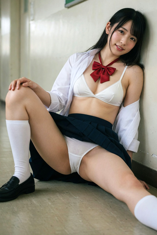 制服娘、廊下の壁にもたれかかる④