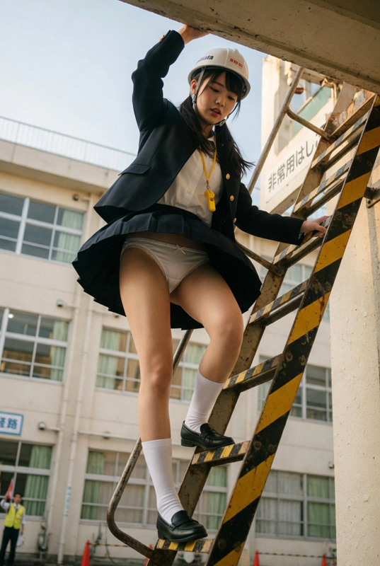 制服娘、はしごを使った避難訓練①