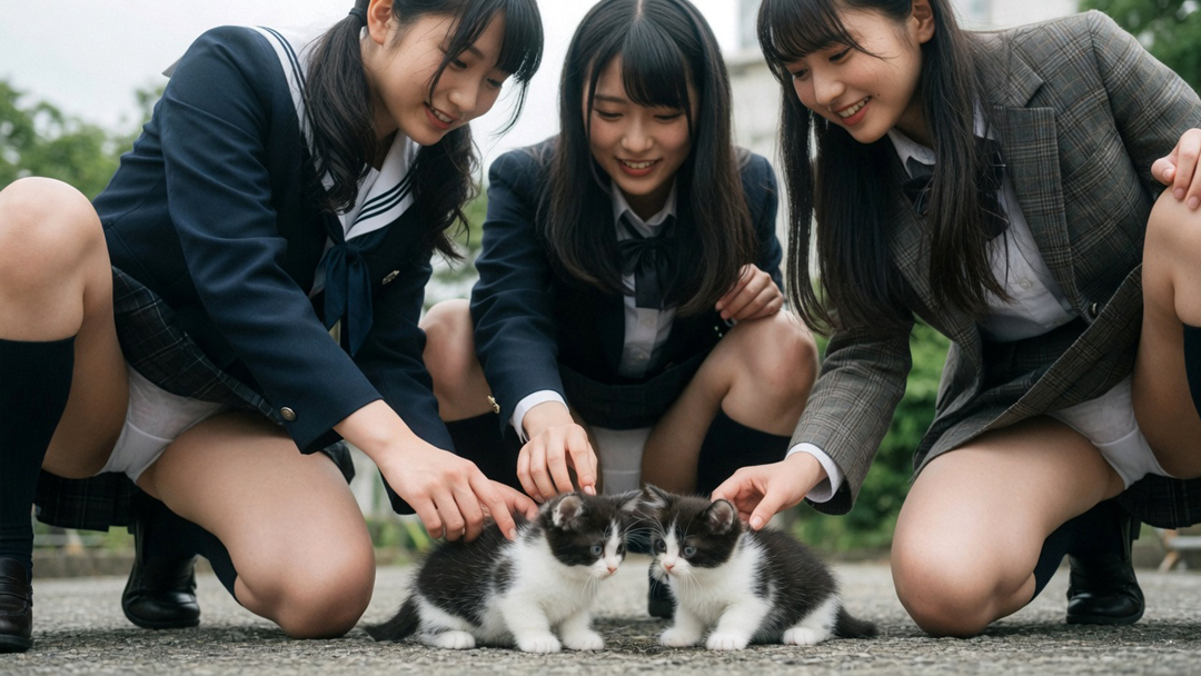 制服娘、子猫を撫で撫でしながらパンチラ