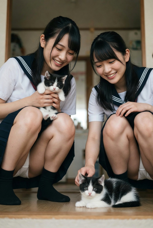 制服娘、子猫を撫で撫でしながらパンチラ⑦