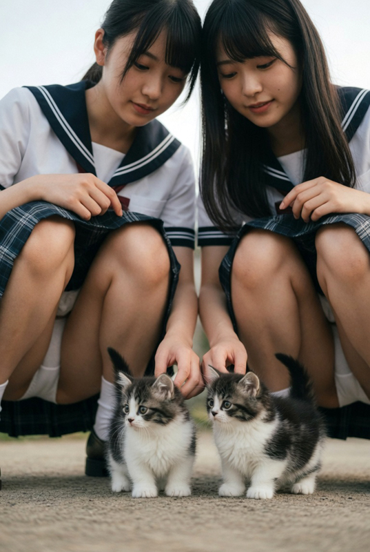 制服娘、子猫を撫で撫でしながらパンチラ①