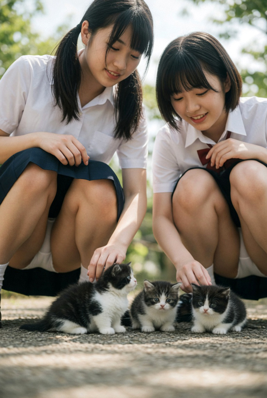制服娘、子猫を撫で撫でしながらパンチラ②