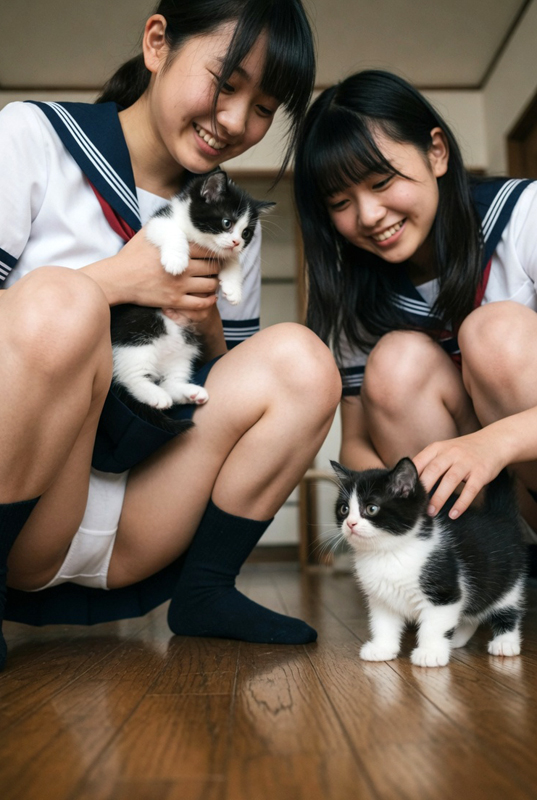 制服娘、子猫を撫で撫でしながらパンチラ③