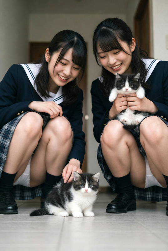 制服娘、子猫を撫で撫でしながらパンチラ④