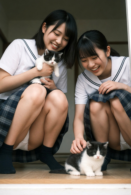 制服娘、子猫を撫で撫でしながらパンチラ⑤