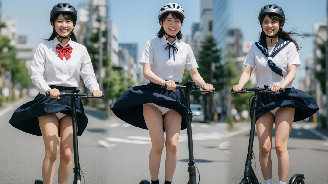 制服娘、電動キックボードに乗ってパンチラ