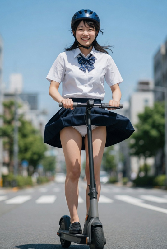 制服娘、電動キックボードに乗ってパンチラ①