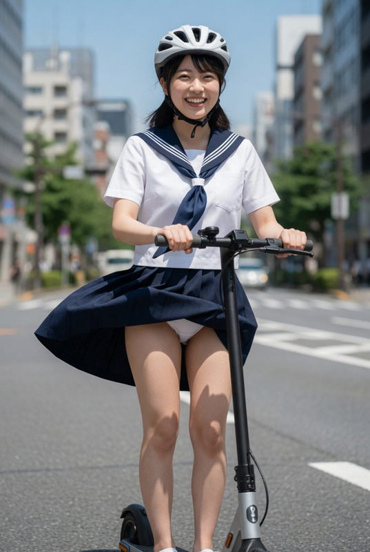 制服娘、電動キックボードに乗ってパンチラ④