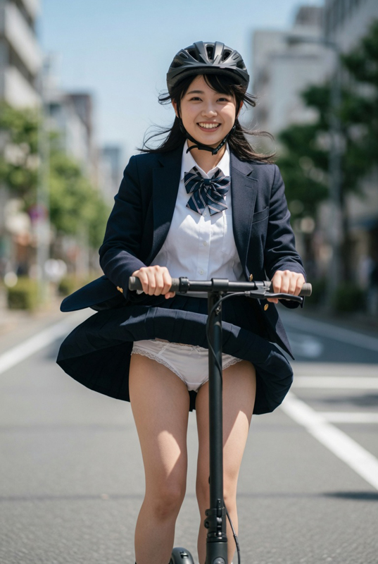 制服娘、電動キックボードに乗ってパンチラ②