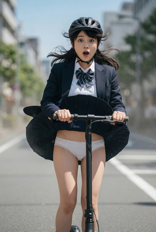 制服娘、電動キックボードに乗ってパンチラ②-2