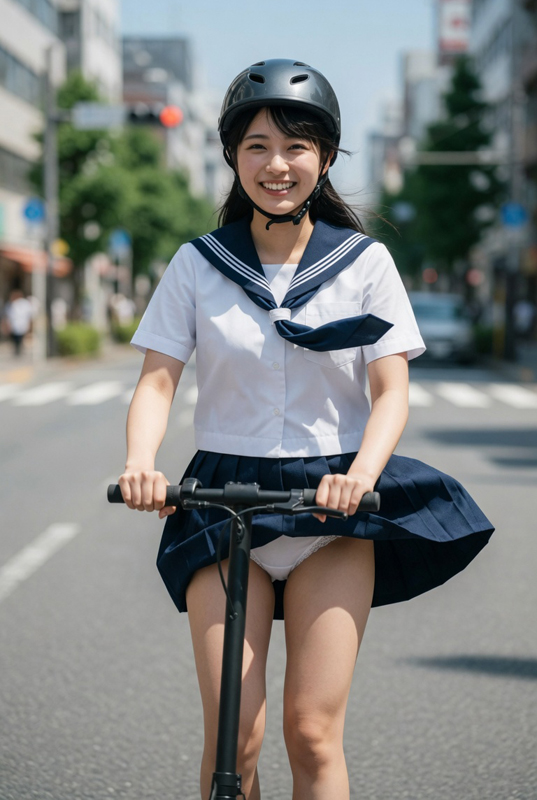 制服娘、電動キックボードに乗ってパンチラ③