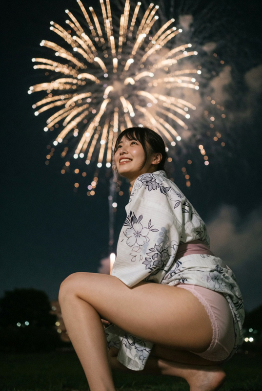 浴衣娘、花火が上がってパンチラ！③