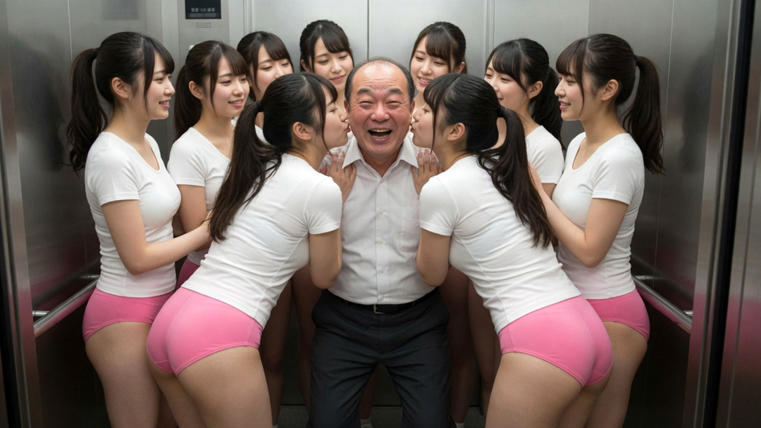 ブルマ娘たちにキスをされて喜ぶハゲ教師