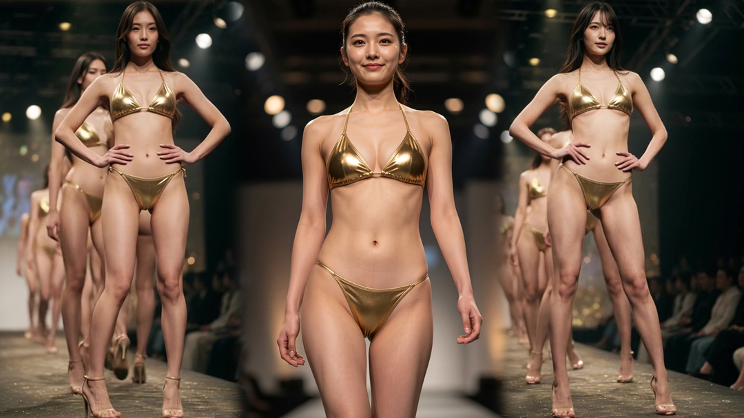 金色ビキニ娘、ランウェイ下から見えるメコスジ