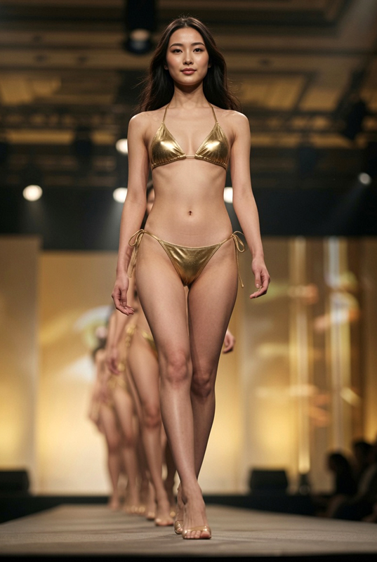 金色ビキニ娘、ランウェイ下から見えるメコスジ①