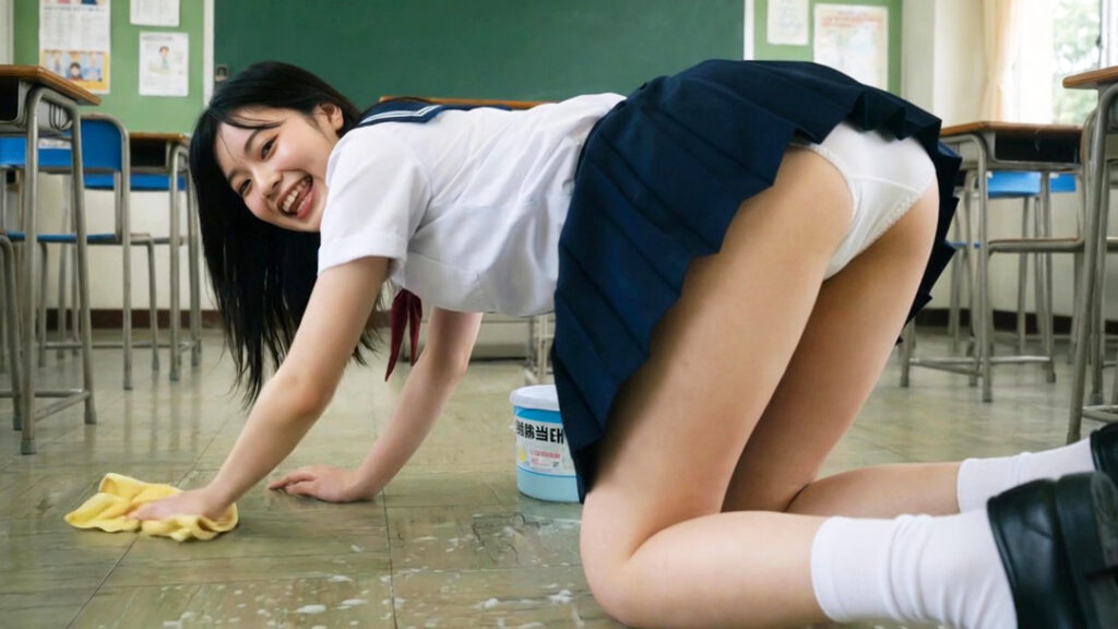 床の拭き掃除でパンティ丸見えの制服娘2①-2