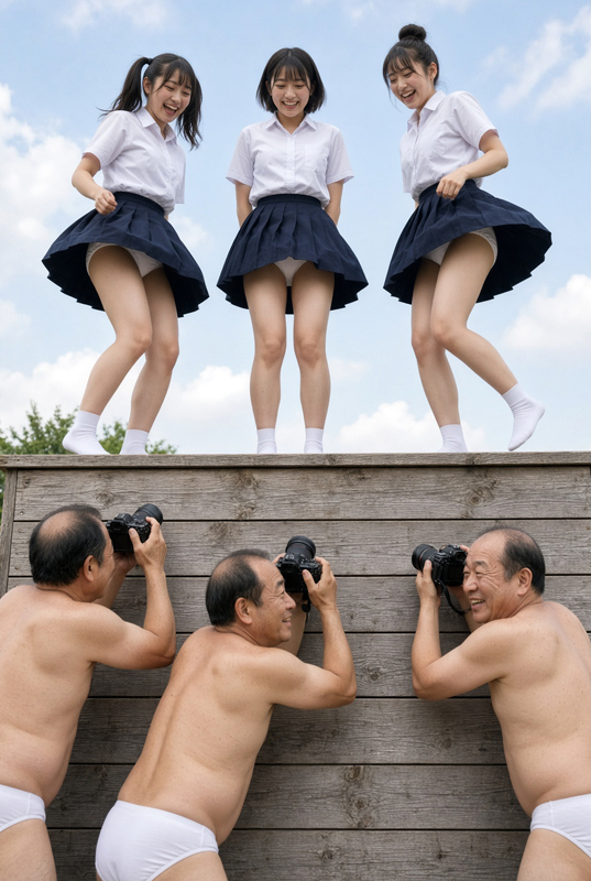 制服パンチラ撮影会に参加するハゲ親父軍団②