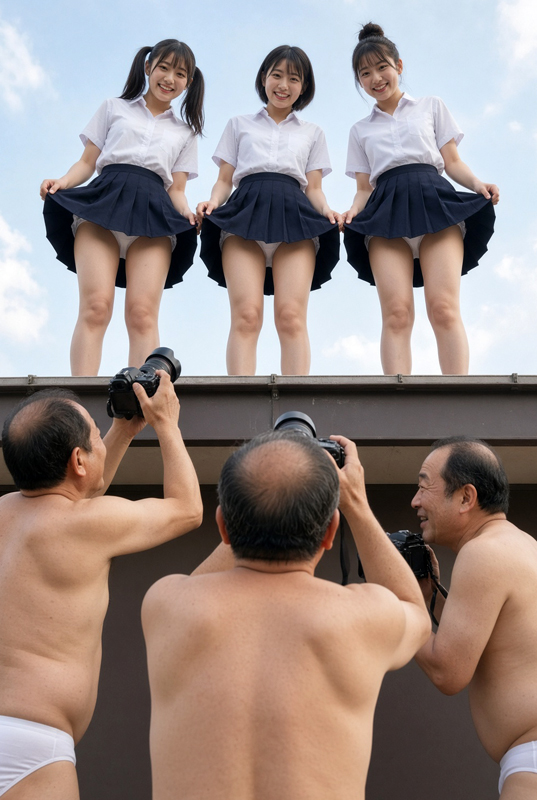 制服パンチラ撮影会に参加するハゲ親父軍団③