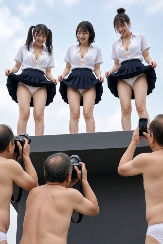 制服パンチラ撮影会に参加するハゲ親父軍団⑤