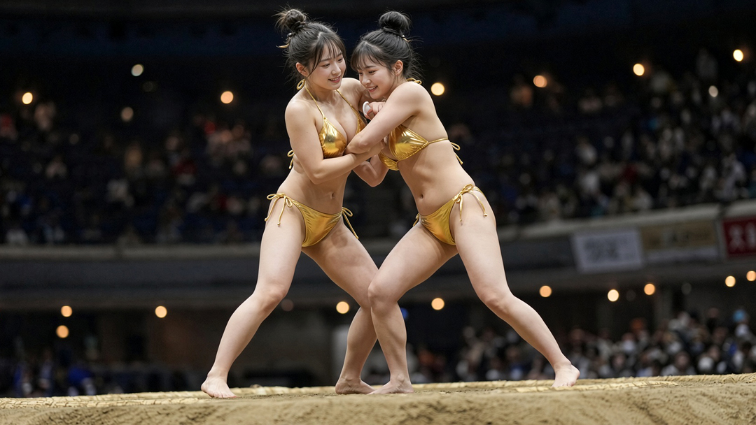金色ビキニ娘、土俵で熱戦を繰り広げる！